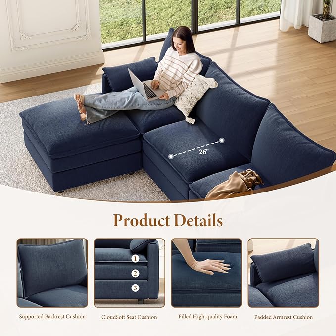 Vesgantti 108" Modular Sectional Sofa, Comfy Cloud Couch with Movable Ottoman Deep Seat Chenille L Shaped Modular Sofa, Sectional Couches for Living Room, Bedroom and Apartment, Blue