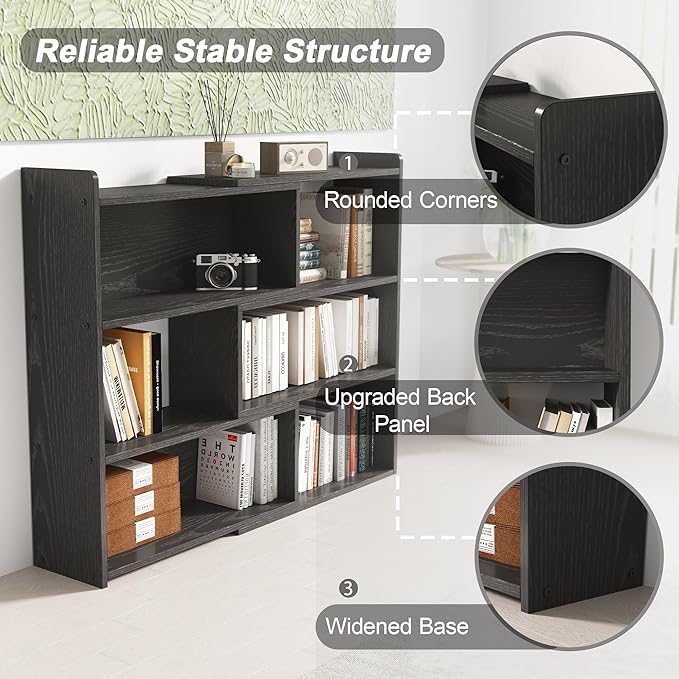 Open Shelf Low Bookcase,Wooden 4-Tier Floor Standing Expandable 25-47 inch Wide Bookcase,with Side Panels Frame for Home and Office