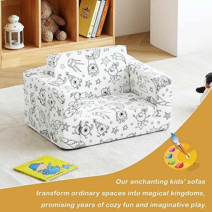 Tiita Kids Sofa Couch, Convertible Children Couch to Lounger, Toddler Comfy Sofa with Cute Graffiti Pattern Design for Girls and Boys, Graffiti