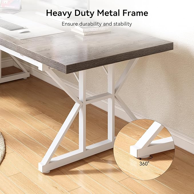 LITTLE TREE 70.8-Inch Large Executive Desk, Modern Computer Office Desk, Wooden Writing Desk Study Table for Home Office, Grey-White
