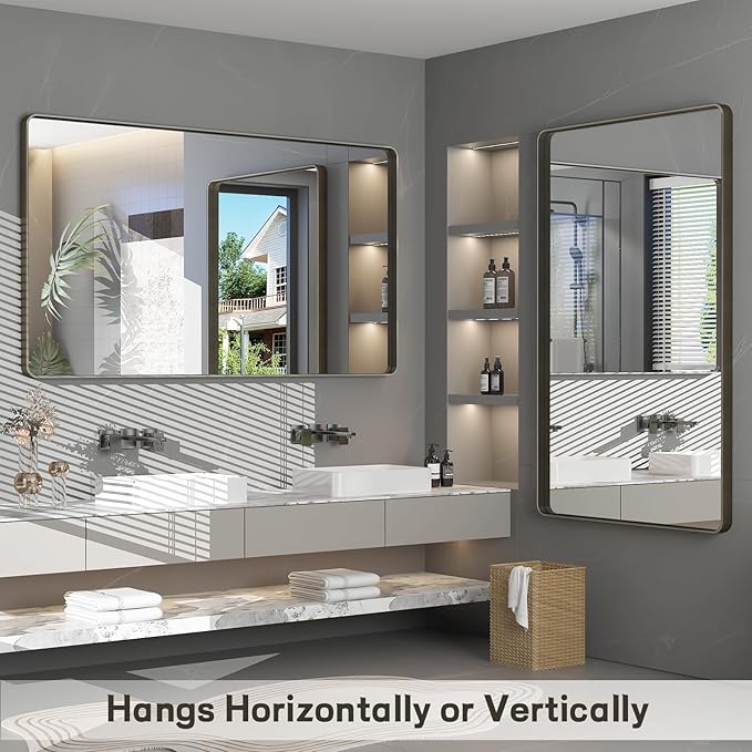 48x32 Bronze Framed Bathroom Mirror, Brushed Bronze Metal Vanity Mirror, Bronze Rectangle Mirror for Wall, Rounded Corner, Tempered Glass, Anti-Rust, Shatterproof (Horizontal/Vertical)