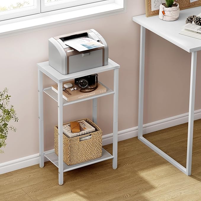 Hoctieon 2-Set 3 Tier End Table, Telephone Table Set of 2, Tall Side Table with Storage Set of 2, Small Nightstand for Small Spaces, Metal Frame, White