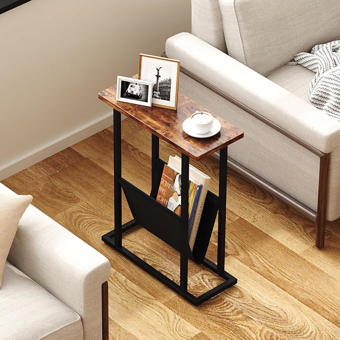 Narrow Side Table for Small Spaces, Small End Table Set of 2 with Magazine Holder, Skinny Slim Little Thin Table for Living Room, Bedroom, Sofa, Rustic Brown