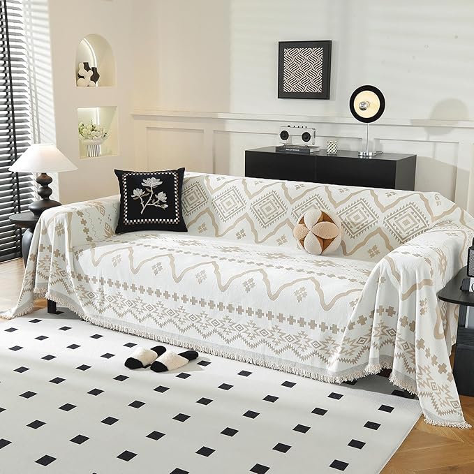 LUFEIJIASHI Boho Couch Covers for Sofa Non Slip Sofa Covers Washable Couch Covers for 3 Cushion Couch Sofa Pet Friendly Sectional Couch Cover Blanket Furniture Protector for Dogs (Khaki, 91"x150")