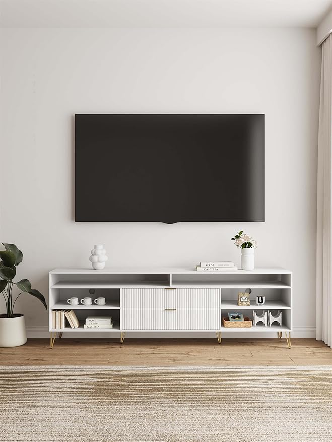 Manhattan Comfort Dumbo Mid Century Modern TV Stand for Televisions up to 80 Inches, Home Entertainment Center with Storage, 6 Shelves, 2 Drawers, No Tool Assembly, 85" Wide, White