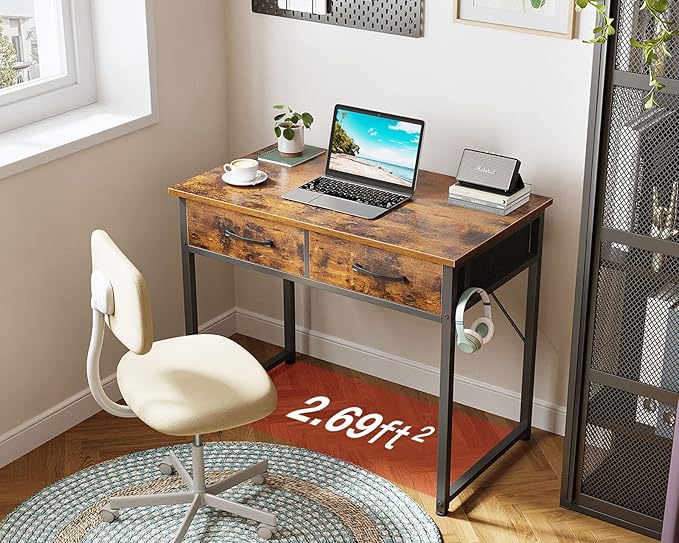 Casaottima 32 Inch Small Office Computer Desk with 2 Drawers & Headphone Hook - Compact Writing Desk for Home Office, Study or Work, Modern Space-Saving Design for Small Spaces, Pure Vintage