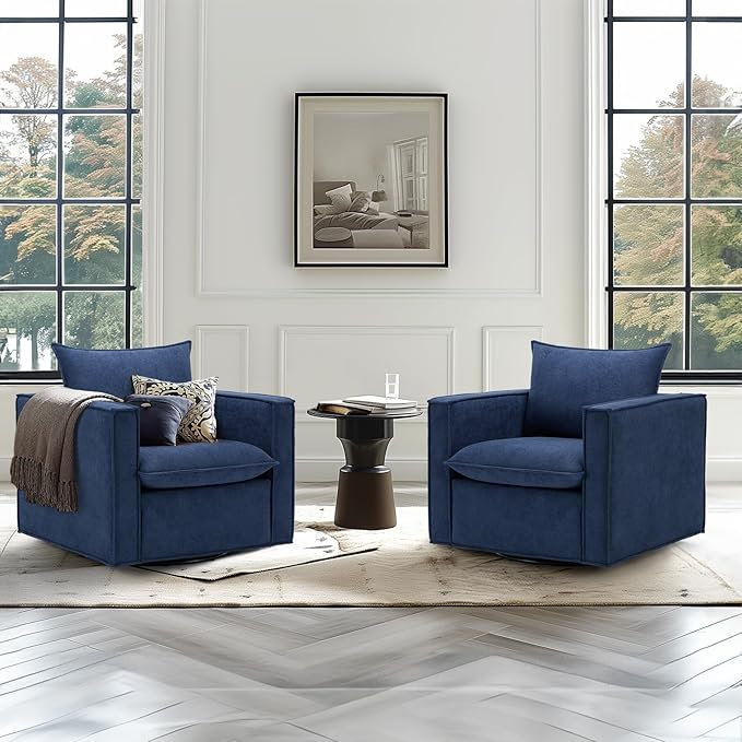 COLAMY Swivel Accent Chair Set of 2, 34 Inches Wide Upholstered Arm Chair with Plump Back Pillow, Modern Sofa Living Room Chair for Bedroom, Corner, Reading Nook-Blue