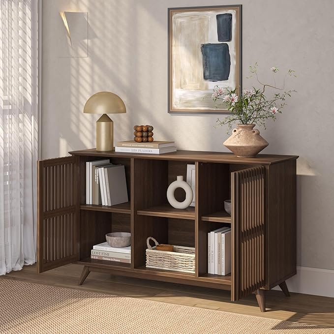 Plank+Beam Mid-Century Modern Wood TV Stand, Solid Wood Entertainment Console with Storage, 49" L x 16" W x 30" H, Walnut