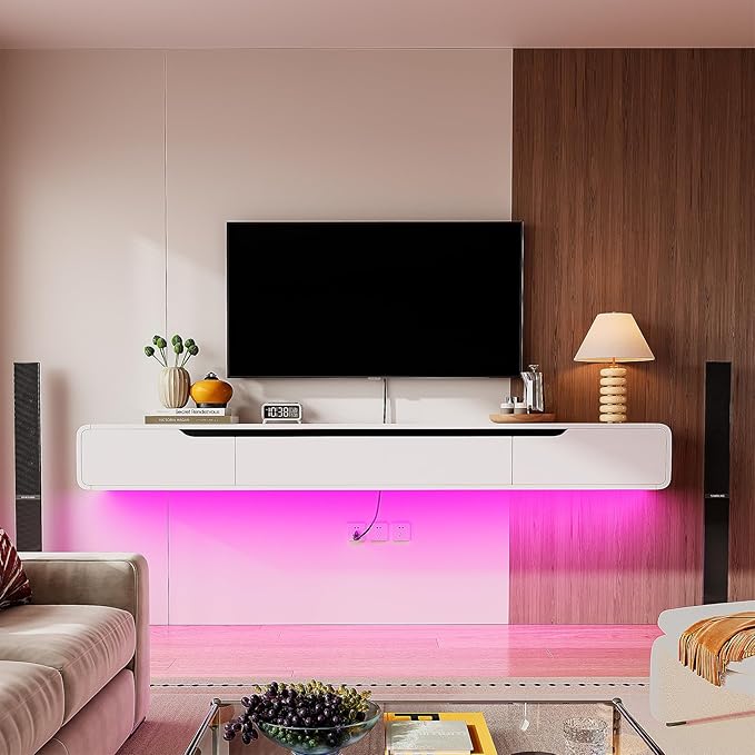 Fully-Assembled Floating TV Stand with Drawers, 55IN High Gloss Wall Mounted Entertainment Center, Modern Media Console with Storage, Under TV Shelf for Bedroom Living Room White
