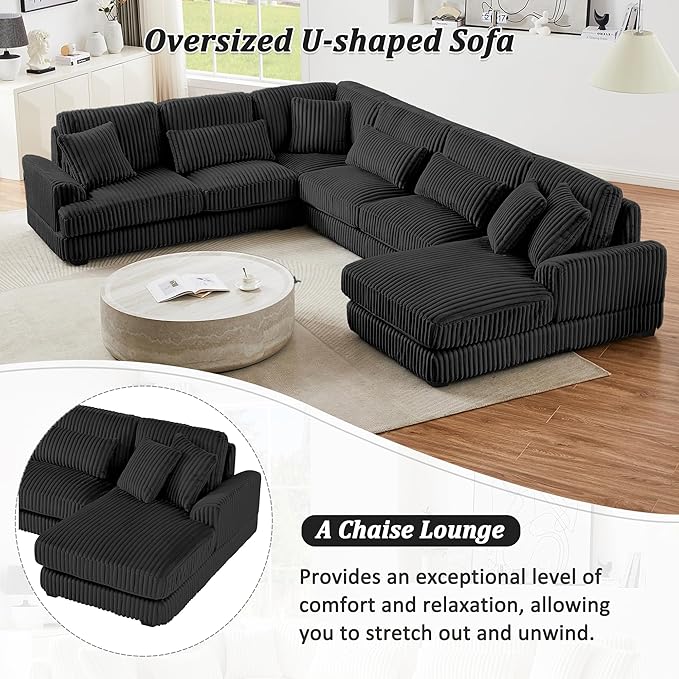129" Oversized U Shaped Modular Sectional Sofa Couch for Living Room 7 Seater Plush Corduroy Upholstered Large Sofa Deep Seat Cloud Couch with Extra Wide Chaise Lounge and Detachable Thick Cushions