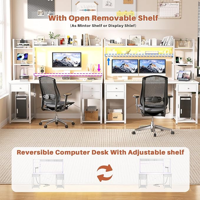 Aheaplus LED Gaming Desk with Hutch, 55.2" Workstation - White