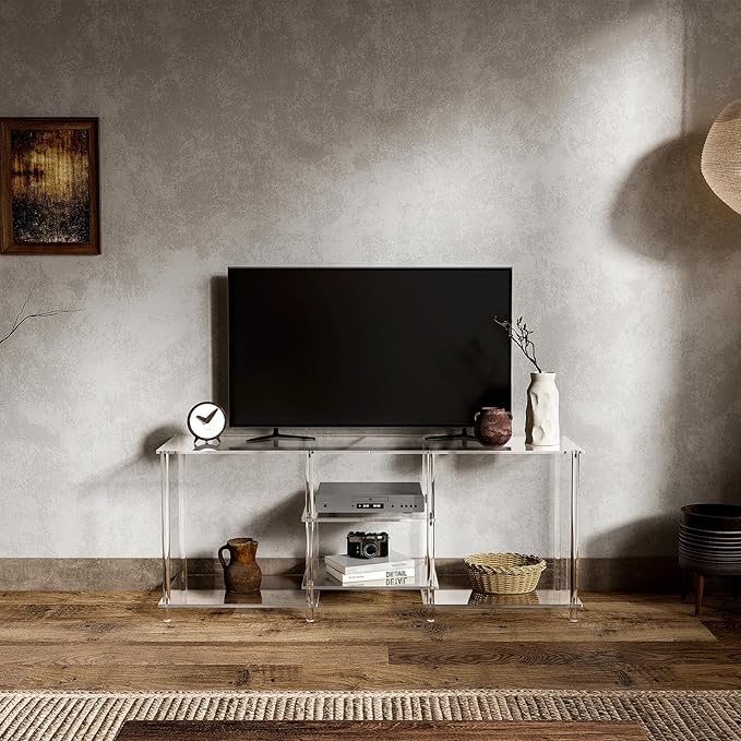 Eglaf Acrylic 55 Inch TV Stand - 3-Tier Entertainment Center - Clear TV Console Table with Open Storage Shelves, for Living Room, Bedroom - 55.1'' L x 15.7'' W x 22.4'' H, (TVs up to 60 Inch)
