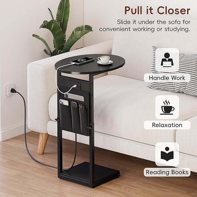 Vagusicc C Shaped End Table with Charging Station, 32" Tall Side Table for Couch and Recliner, Adjustable Height Small Couch Side Table Slide Under Sofa TV Tray Table for Living Room, Bedroom, Black