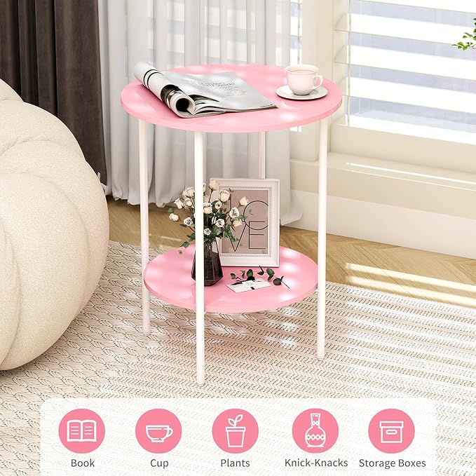 Side Table,Round End Table with 2 Storage Shelves| Compact Side Tables for Living Room, Couch, Office & Bedroom | Narrow Accent Table as Space-Saving Small Bedside Table 18x18x22in (Pink)