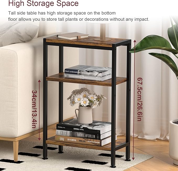 Narrow Side Table for Small Space Set of 2, 3-Tier Small End Table with Shelf Holder, Slim Nightstand, Skinny Snack Couch Table in Living Room, Bedroom, Study, Kitchen and Balcony（Rustic Brown