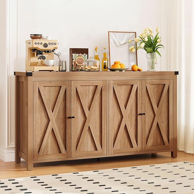 DWVO 55'' Sideboard Buffet Cabinet with Storage, Farmhouse Kitchen Storage Cabinet with Doors, Large Coffee Bar Cabinets with Adjustable Shelves for Kitchen, Living Room, Oak