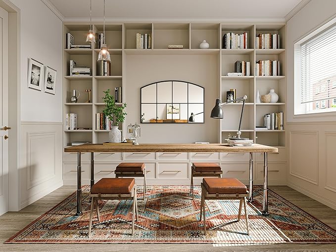 Window Pane Black Mirror, 36" x 24" Farmhouse Arched Window Mirror, Large Grid Mirror for Living Room Bedroom Fireplace Hallway Entryway