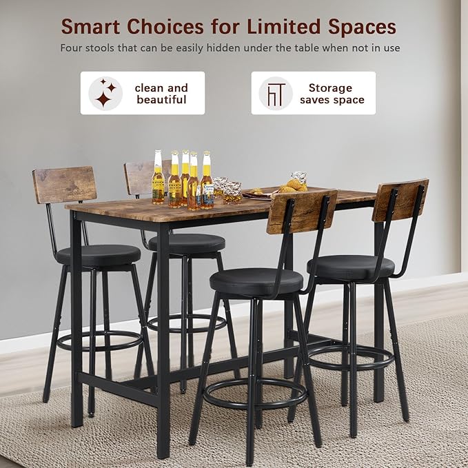 Tatub Bar Table and Chairs Set of 4, 5 Piece Counter Height High Breakfast Table Chairs Set of 4 for Dining Room, Brown