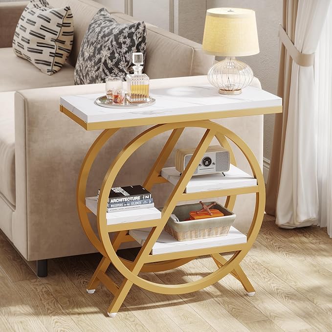 Tribesigns End Table for Living Room, 3-Tier Faux Marble Side Table with Storage, Wood Narrow Sofa Side Table with Geometric Metal Frame, Modern Nightstand and Bedside Table for Bedroom, Gold & White