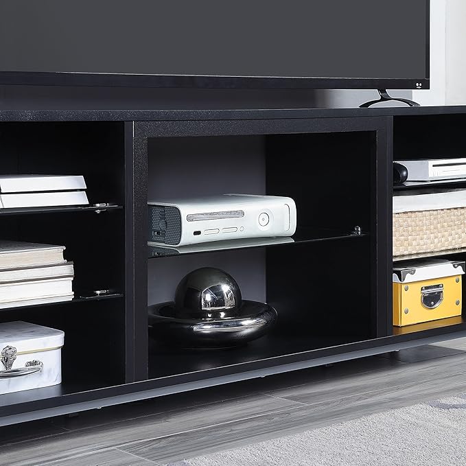 Manhattan Comfort Brighton 60" TV 7 Shelves, Tempered Glass Dividers and Media Wire Management, Modern Free-Standing Entertainment Center for Living Room, Fits up to 56" Television, OneSize, Onyx