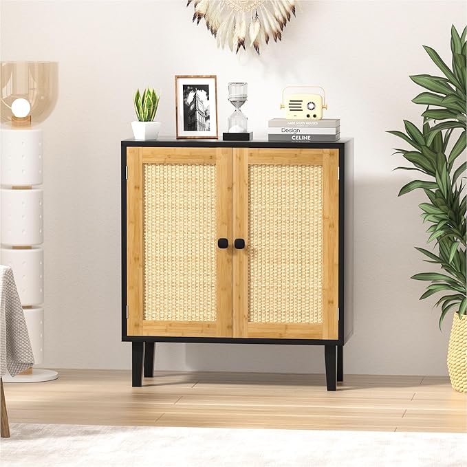 Bamboo Sideboard Buffet Cabinet with Rattan 2 Doors Kitchen Cupboard Accent Entryway Living Room Cabinet Black