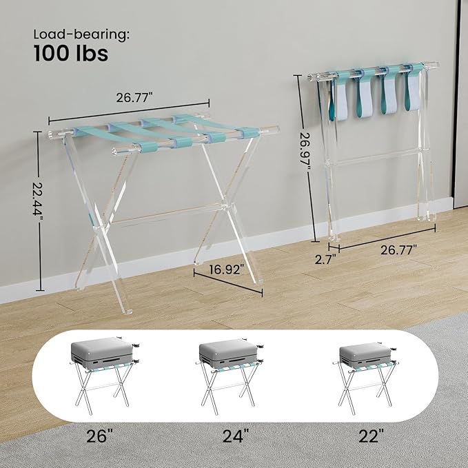 Sumerflos Acrylic Luggage Rack for Guest Room - Foldable Suitcase Stand with Leather Straps for Bedroom Living Room Hotel Heavy-Duty, Holds up to 50-100 lb lightweight Space Saving (Blue & Handle - 1 Pcs)