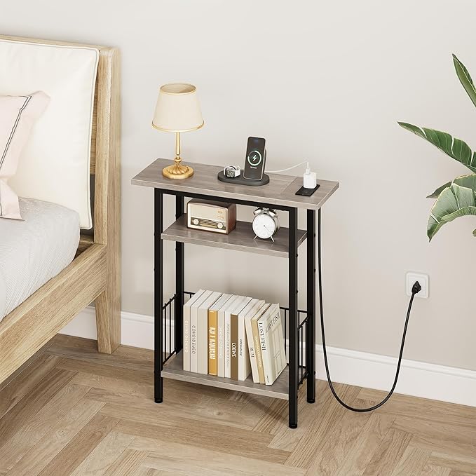 Vagusicc Narrow Side Table with Charging Station, Skinny Side End Table for Couch, 3-Tier Small End Tables for Small Spaces, 25.2" Tall Slim Nightstand Bedside Table for Living Room, Bedroom, Greige