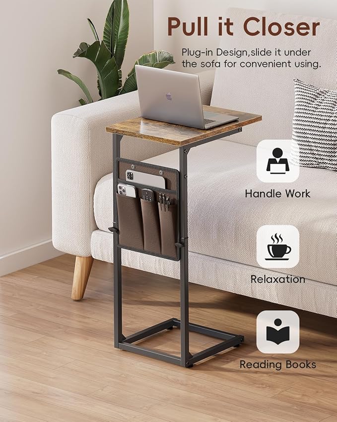 Vagusicc C Shaped End Table, 33"Tall Side Table for Couch, Adjustable Height Sofa Table Small Couch Side Tables, Slide Under Recliner TV Tray Arm Tables with Metal Frame for Living Room,Bedroom,Brown