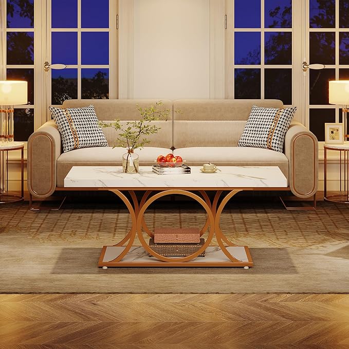 Tribesigns Rectangle Coffee Table, 46.45-inch Modern Coffee Tables for Living Room, 2-Tier Faux Marble Wood Coffee Table with Geometric Legs, Furniture with Storage Shelf (White & Gold)
