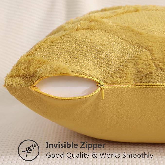 decorUhome Fall Throw Pillow Covers 20x20 Inch Set of 2, Soft Plush Faux Fur Wool Mustard Yellow Couch Pillow Covers, Decorative Neutral Pillow Cases for Bed Sofa Living Room Home Decor