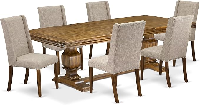 NKFL7-AWA-04-7-Piece Dining Table Set Consists of a Breakfast Table and 6 Light Tan Linen Fabric Dining Chairs with Padded Chair Back - Antique Walnut Finish.