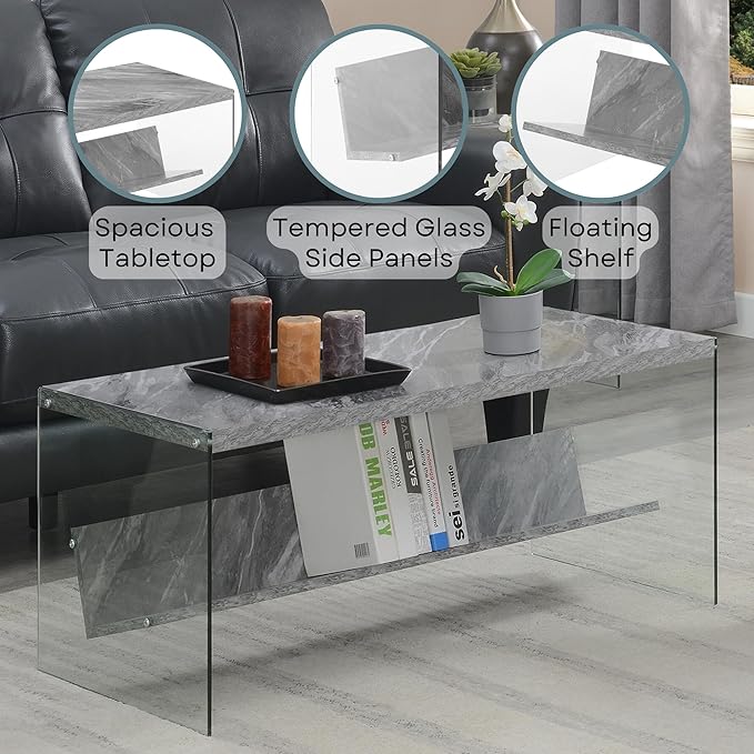 Convenience Concepts SoHo Modern Living Storage Shelf, Contemporary Coffee Table for Family Room, 40", Gray Faux Marble/Glass