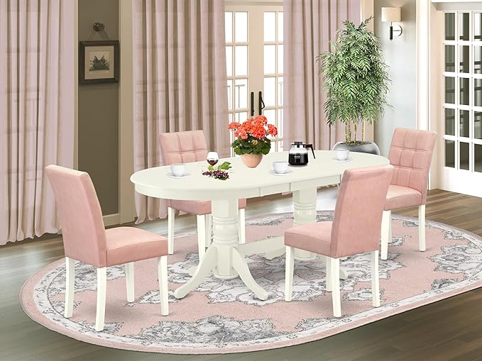 East West Furniture VAAS5-LWH-42 5 Piece Mid-Century Dining Table Set Includes A Wood Table and 4 Beige Red Polyester Fabric Padded Chairs with Stylish Back- Linen White Finish
