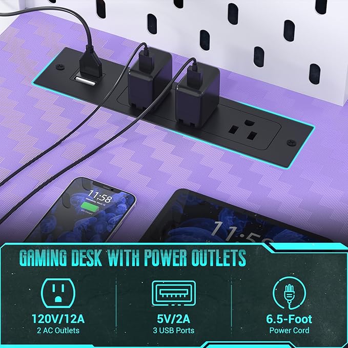 Gaming Desk with Hutch and LED Lights, Gaming Computer Desk with Power Outlets, Gamer Desk with Storage Shelves & Pegboards for Bedroom, Carbon Fiber Purple, 43"