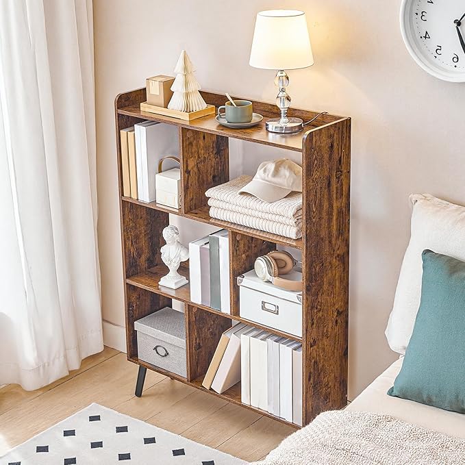 HOOBRO 6 Cube Bookshelf, 4 Tier Bookcase with Legs, Mid-Century Modern Bookshelves, Large Open Storage Shelf, Wooden Book Case for Living Room, Bedroom, Office, Kitchen, Rustic Brown FG116SJ01