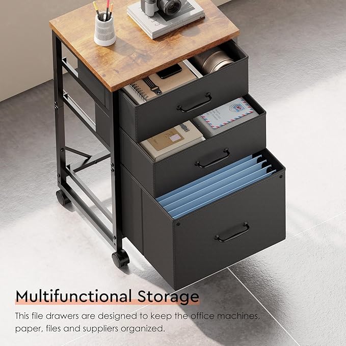 3 Drawer Mobile File Cabinet with Wheels Fabric Vertical Filing Cabinet fits A4 or Letter Size for Home Office,Rustic Brown