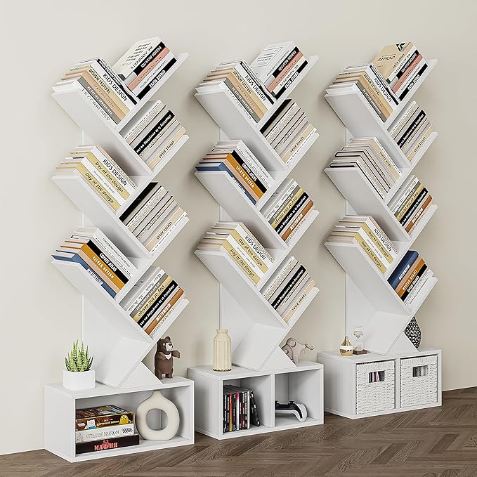 Vagusicc Tree Bookshelf, 6 Tier Bookshelf with Storage, Tall Narrow Bookcase, Rustic Wood Book Storage Rack for CDs/Books, Small Book Organizer Shelves for Bedroom, Living Room, Home Office, White