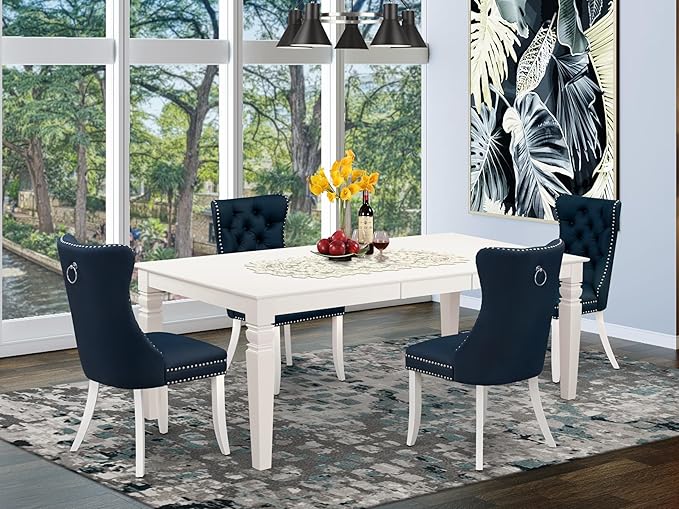 East West Furniture LGDA5-LWH-29 5 Piece Dining Set Consists of a Rectangle Wooden Table with Butterfly Leaf and 4 Polyester Fabric Upholstered Chairs, 42x84 Inch, linen white