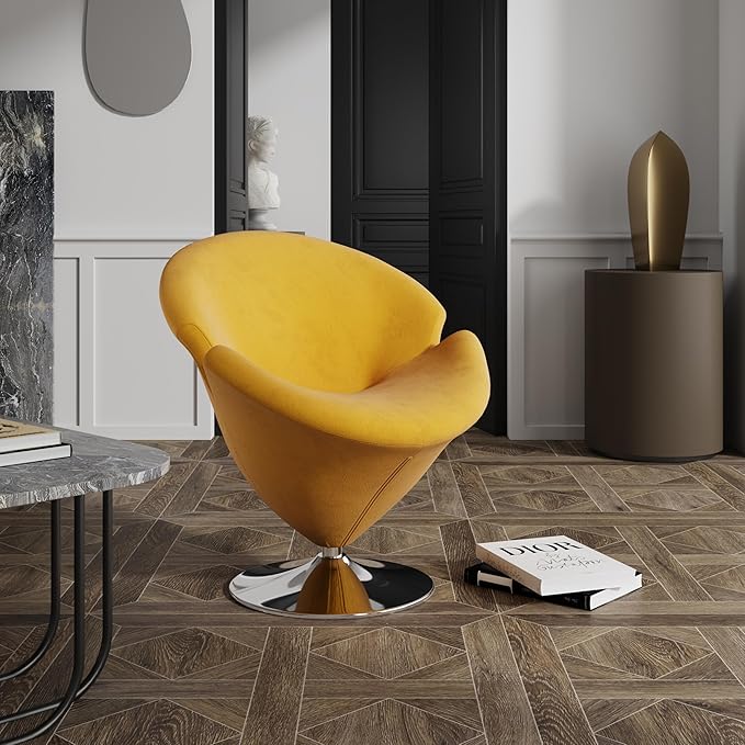 Manhattan Comfort Tulip Swivel Accent Chair with 360° Turn, Modern Flower Inspired Design, Soft Velvet Upholstery, Polished Chrome Base, No Assembly Required, 300 Lbs Capacity, Yellow