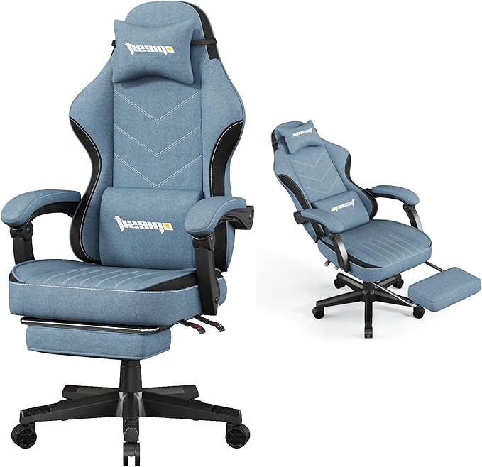 Gaming Chair,Fabric Computer Chair with Pocket Spring Cushion,400 lb Load Capacity,Ergonomic Office Chair with Footrest,Height Adjustable Video Gamer Chair with Lumbar Support (Blue)