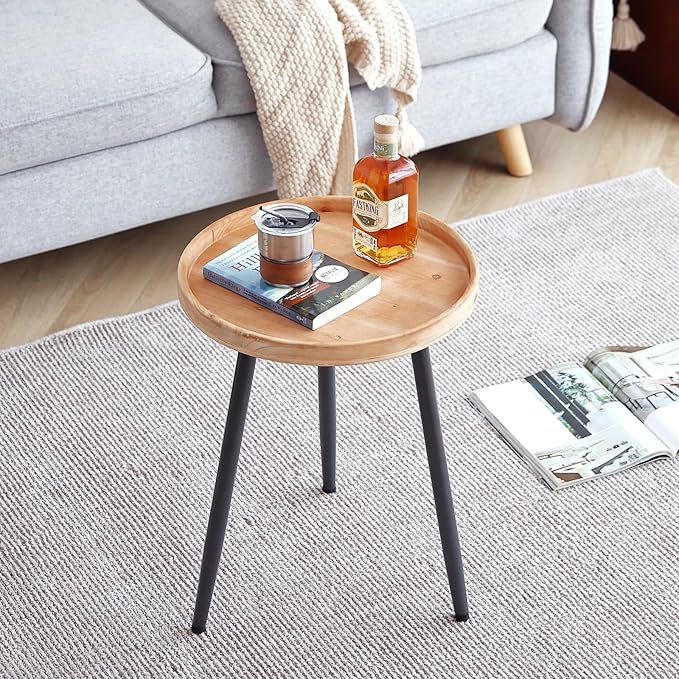 LITA Log Desktop Round Side End Table, Indoor Outdoor Wooden Tray Nightstand Table with Metal Stand for Living Room Bedroom Office Small Spaces (M)