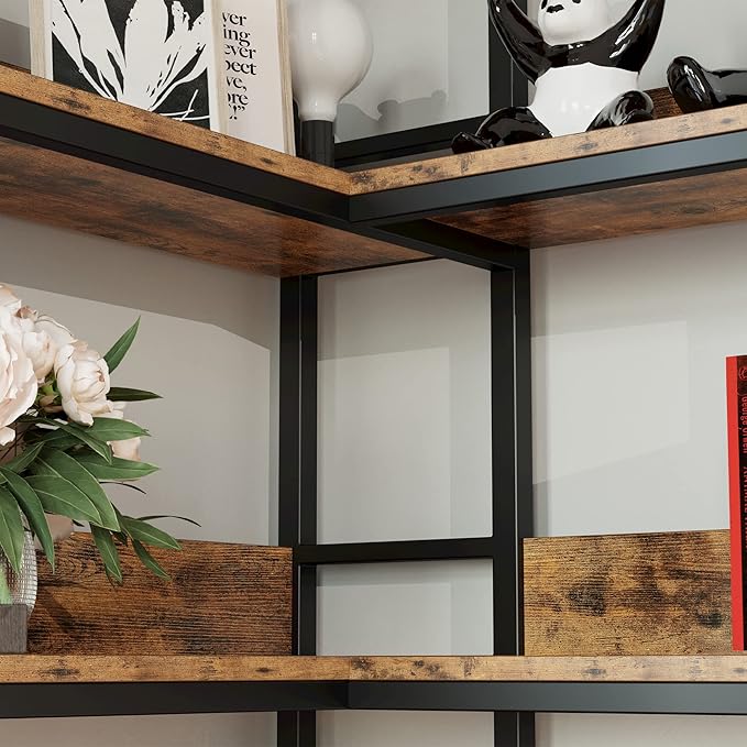IRONCK Industrial Bookshelves 5 Tiers Corner Bookcases with Baffles Etagere Shelf Storage Rack with Metal Frame for Living Room Home Office