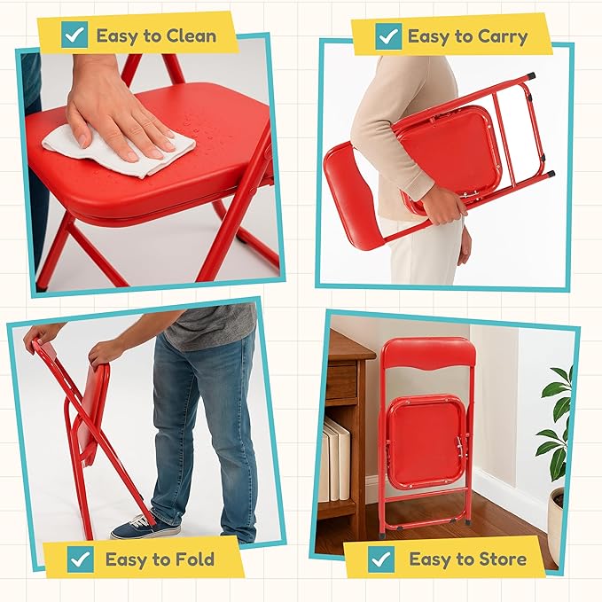 HealSmart 2 Pcs Kids Folding Chair with Padded Seat & Back, Metal Frame for Toddlers & Children, Indoor Outdoor Use for Playroom, Bedroom, Kitchen, Foldable for Easy Storage & Portability, Green+Red