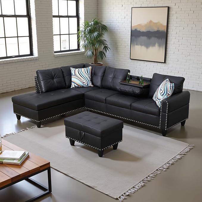 L Shaped Couch Faux Leather Sectional Couch Upholstered 3 Pieces Sofas for Living Room with Chaise, Storage Ottoman for Office and Small Apartment, Graceful Black