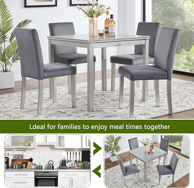 KEIKI 5-Piece Standard Height Dining Table Set with Square Table and 4 Upholstered Chair, for 4 Person, Classic Crystal Decoration Wood Table Set, Easy Assembly, for Kitchen, Dining Room, Silver Grey