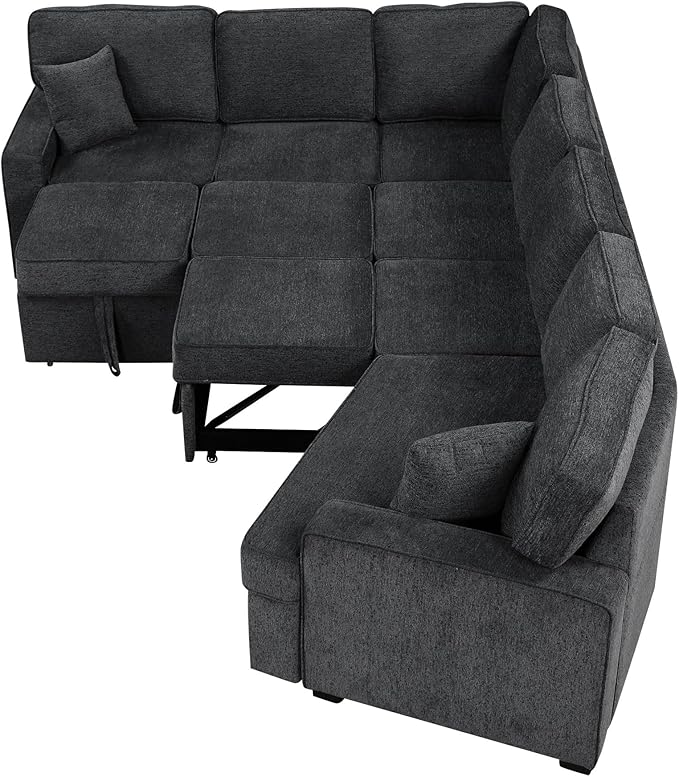 126" Extra Large Pull-Out Sofa Bed with Drop-Down Cup Holder Tables,L-Shaped Sectional Couch W/Charging Device,Convenient Sleeper Furniture Set for LivingRoom Apartment,Beige Chenille