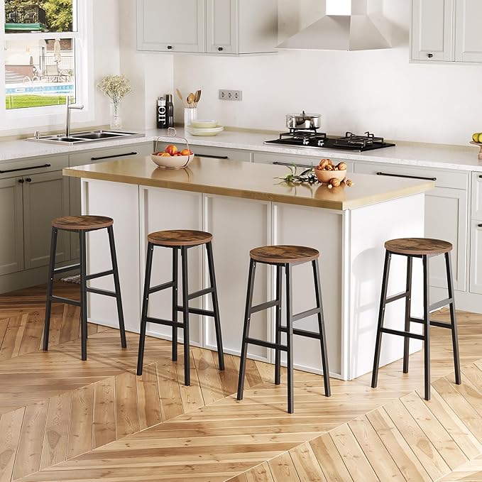 Bar Stools, Set of 2 Round Bar Chairs with Footrest, 28 Inch Kitchen Breakfast Bar Chairs, Industrial Bar Stools, Easy Assembly, for Dining Room, Kitchen, Rustic Brown BAHR02701