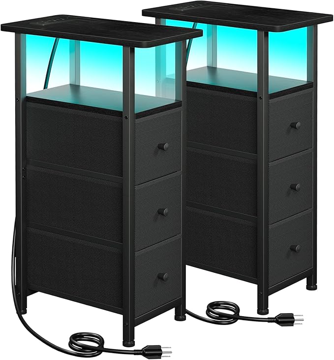 Narrow End Tables Living Room Set of 2 with Charging Station, Skinny Side Table with Fabric Drawers, Slim LED Nightstand for Bedroom, Small Spaces, Couch, Black, HETNDP03LBK