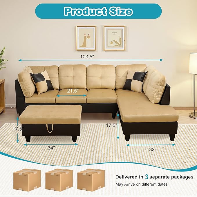 Couches for Living Room Modern L Shaped Couch Comfy Lint Fabric 3 Pieces Sectional Sofa with Chaise, Ottoman with Storage for Office and Small Apartment, Beige and Brown
