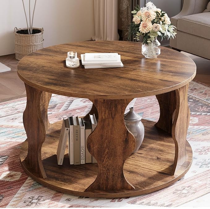 HSH Round Wood Coffee Table, Rustic Brown Circle Center Table with Storage, Farmhouse Wooden Living Room Coffee Tea Tables in Small Room, Unique Vintage 2 Tier Circular Middle Cocktail Table, 31.5 in